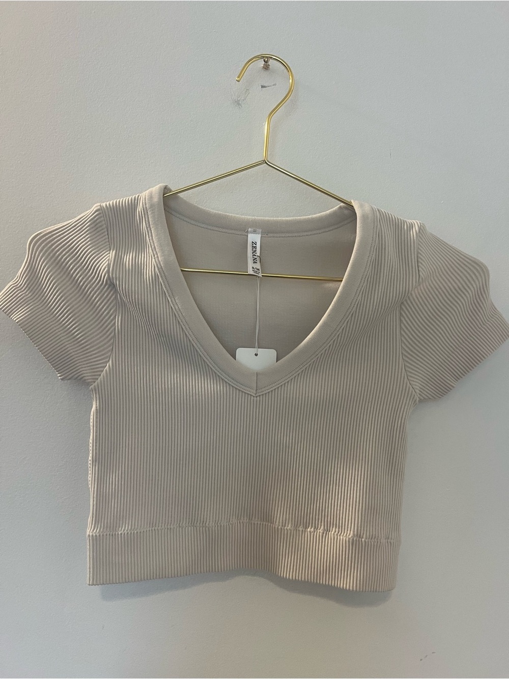 Zenana Ribbed V-Neck Crop Top in Beige - Picture 1 of 4